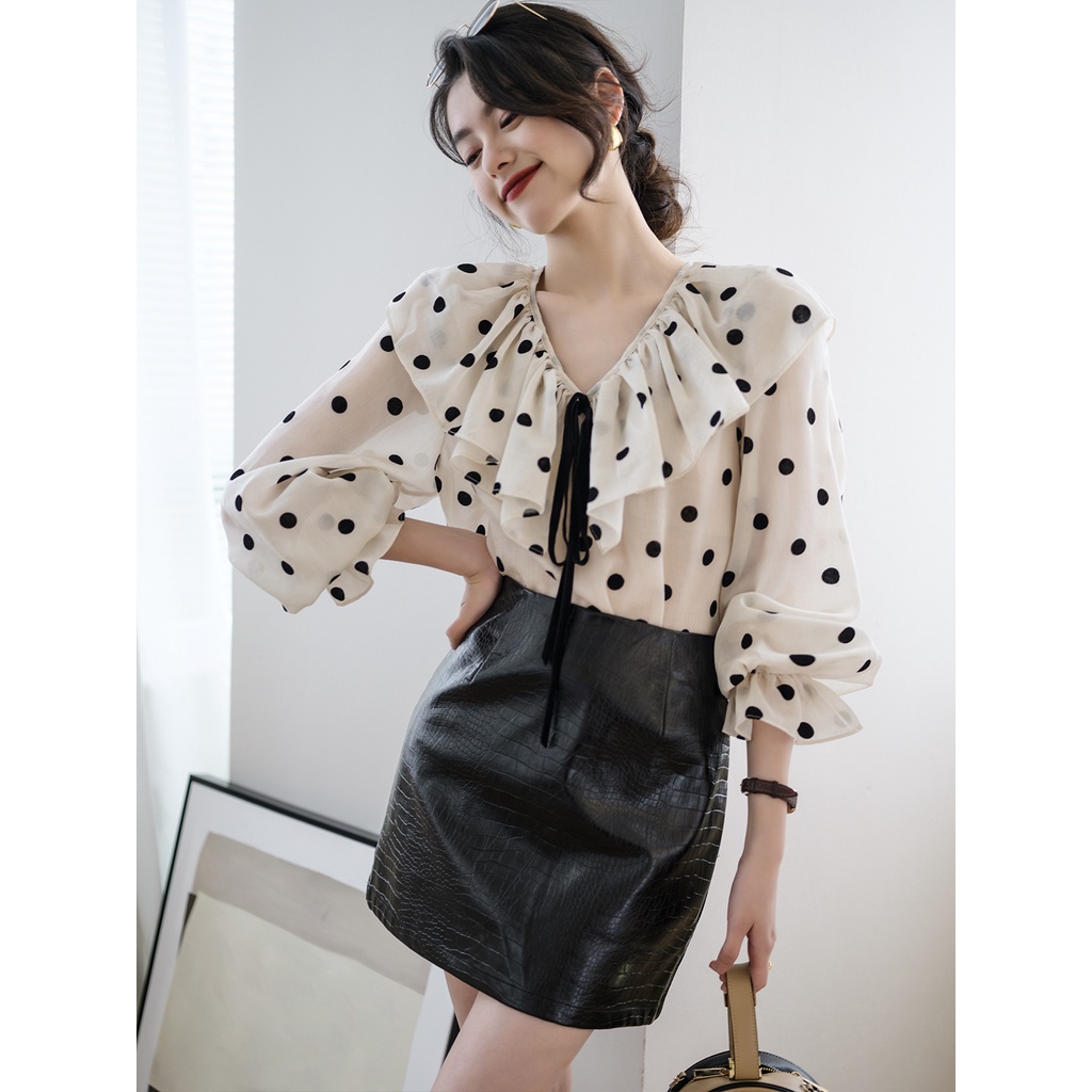 Áo Sơ Mi Chiffon Tay Dài Cổ Lá Sen Họa Tiết Chấm Bi Đa Năng Phong Cách Pháp Thời Trang Mùa Thu 2023 Mới