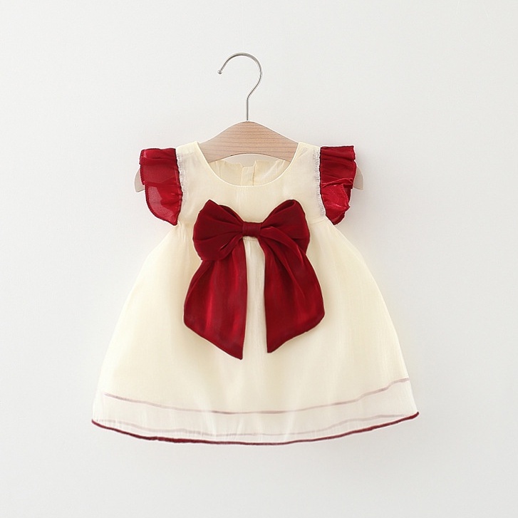 Đầm Công Chúa Vải Voan Cổ Tròn Đính Nơ Màu Đỏ Cho Bé Gái