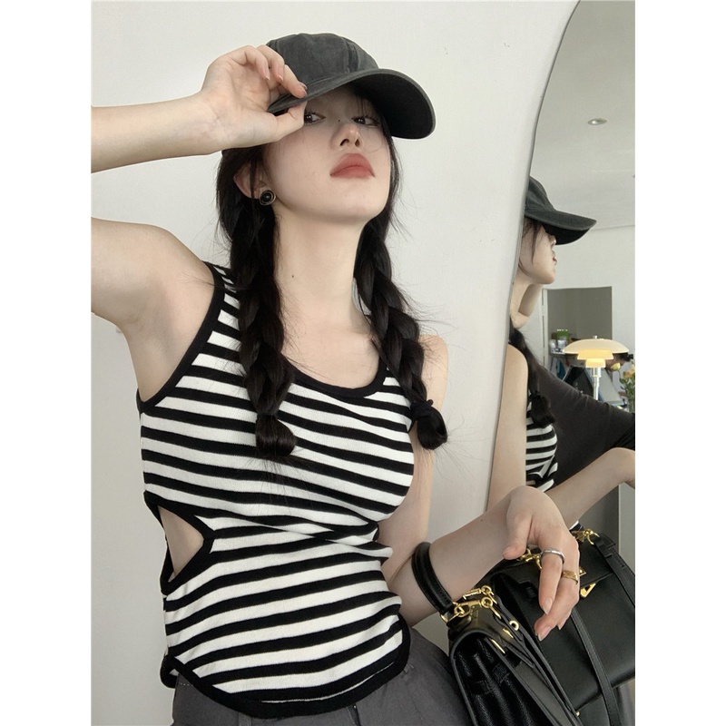 HUANG YOYO Áo Hai Dây Dáng Ngắn In Họa Tiết Kẻ Sọc Phong Cách Pháp Thời Trang Mùa Hè Cho Nữ 2022A