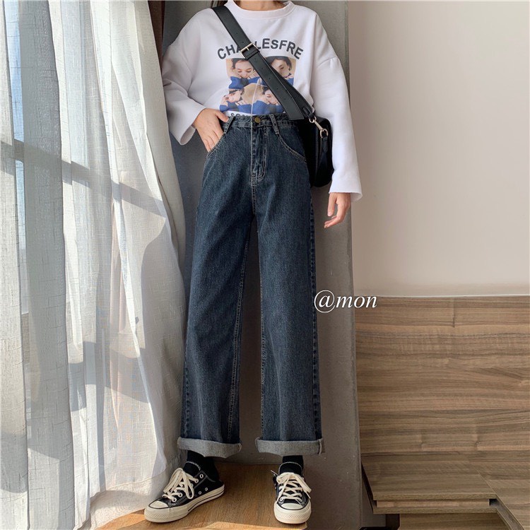 2101347 Quần jeans nữ quần ống rộng dáng suông ulzzang màu xám xanh có size | BigBuy360 - bigbuy360.vn