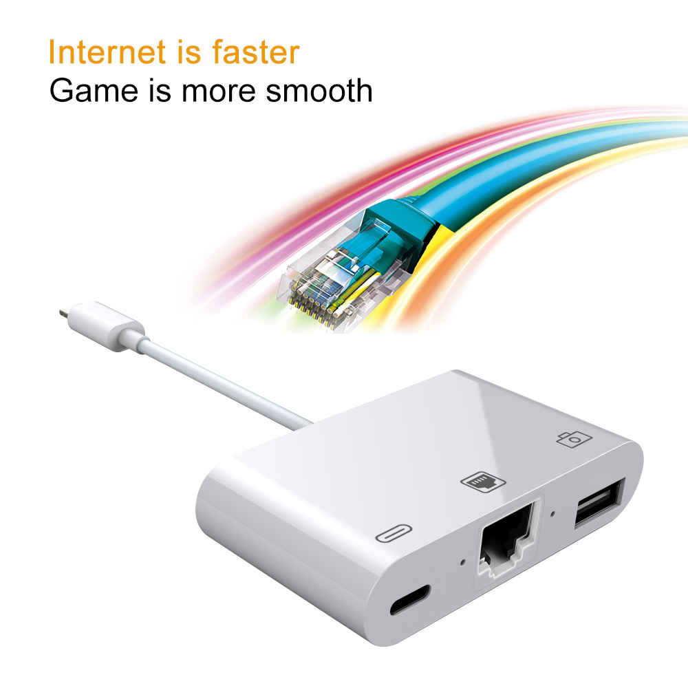 AMORUS Bộ chuyển đổi OTG 3 trong 1 cổng Lightning + USB 3.0 + RJ45 Ethernet LAN dành cho iPhone iPad