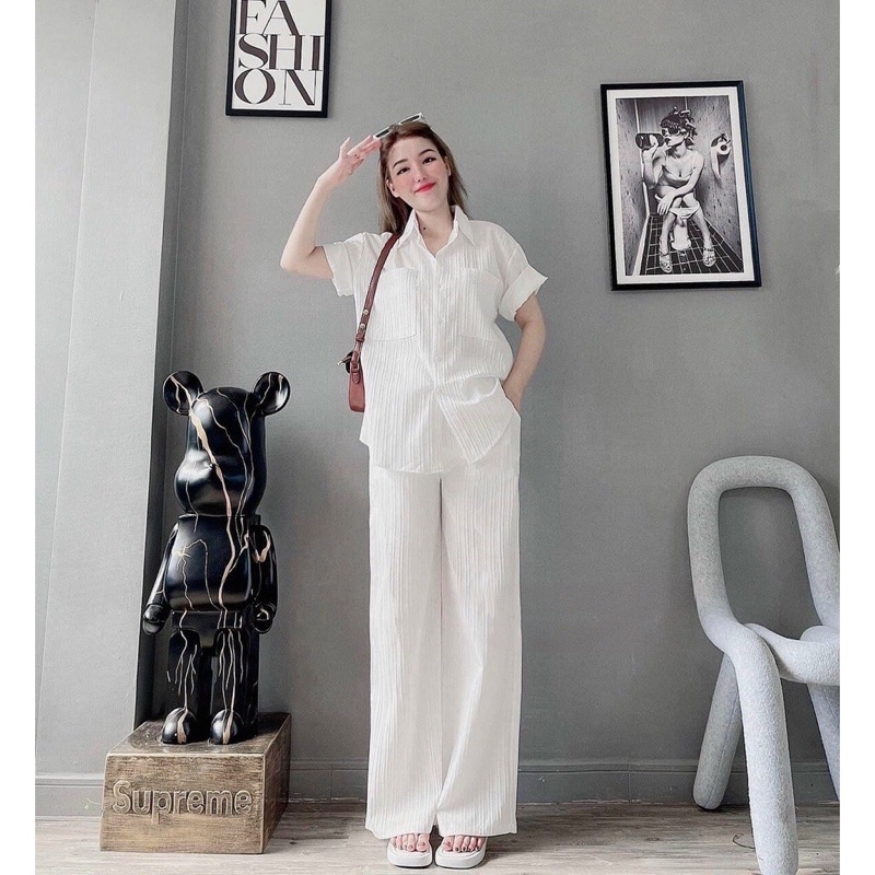 [HÀNG QUẢNG CHÂU LOẠI 1]Set Bộ Đồ Nữ Áo Sơ Mi Đũi Gân Ngắn Tay Mix Quần Culottes Ống Rộng Cạp Chun Freesize Form Rộng
