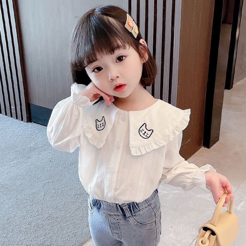 Áo Sơ Mi Trắng Cổ Búp Bê Vải Cotton Kiểu Hàn Quốc Dễ Thương Dành Cho Bé Gái 2021