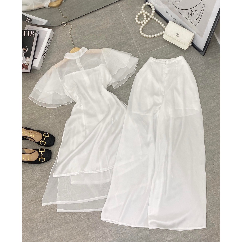 SET ÁO DÀI VOAN TRẮNG TAY TIÊN