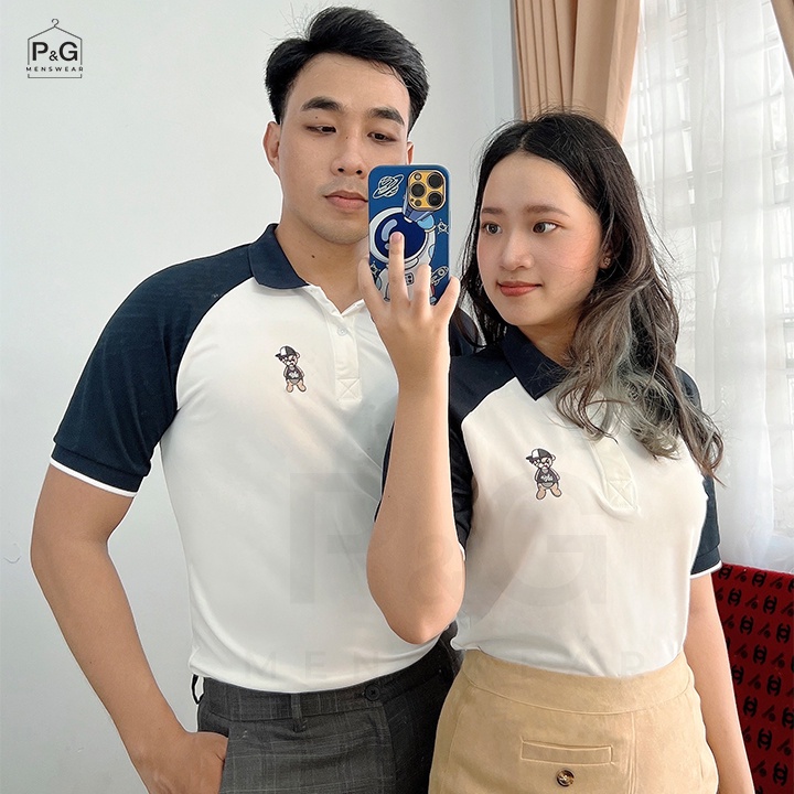 Áo Thun Polo nam nữ cặp đôi Premium, tay ngắn, cổ trụ - màu trắng, phối vai xanh đen, in hình gấu