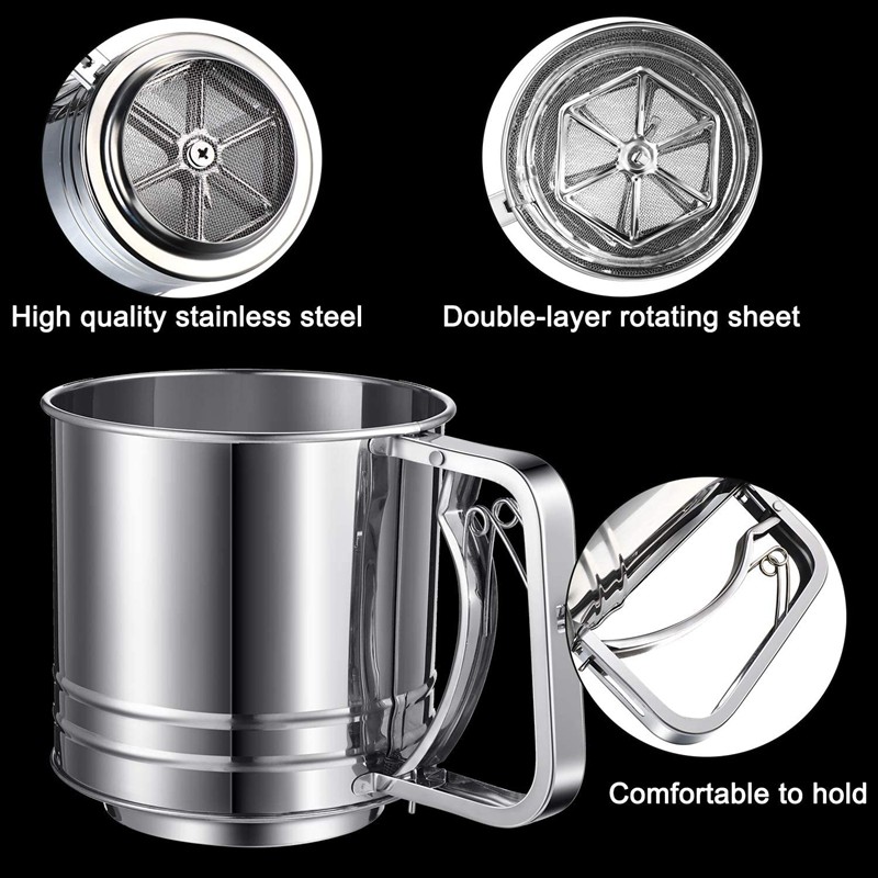 2 Pieces Stainless Steel Flour Sifter Rotary Hand Crank Sifter Handheld Powder Flour Sugar Sifter,for Baking Flour