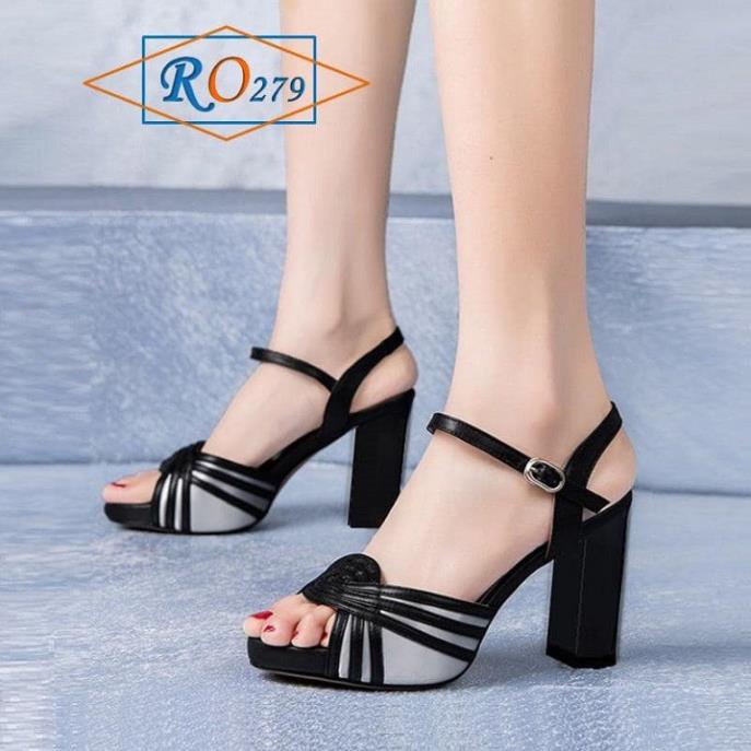 Giày cao gót nữ đẹp đế vuông 7p hàng hiệu rosata hai màu đen kem ro279