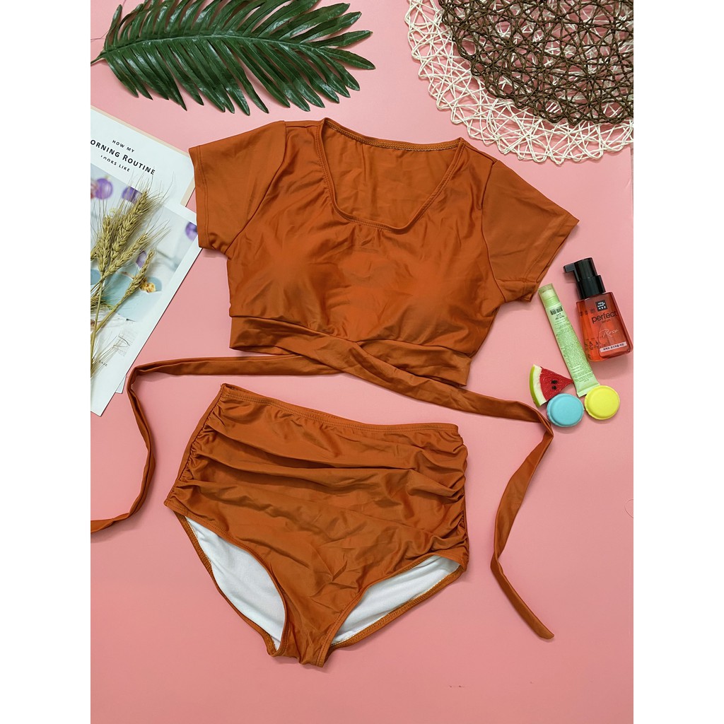 Bikini hai mảnh cam cộc tay quần che bụng cạp cao mặc đi biển đi bơi mới nhất