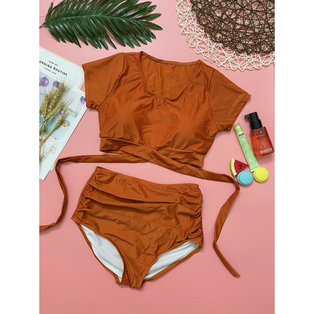 Đồ bơi Bikini hai mảnh đẹp cam đất cộc tay mặc đi biển đi bơi đẹp