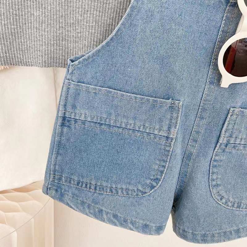 Quần Yếm Jeans Ngắn Màu Trơn Có Túi Lớn Dễ Thương Cho Bé Gái