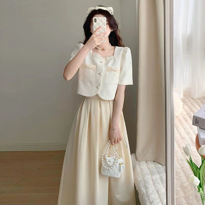 Set váy be crop top viền bèo túi nơ chân váy midi xoè cao cấp Quảng Châu