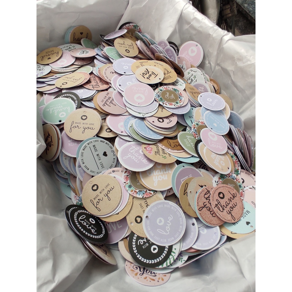 100 Tag giấy hình Tròn 5cm In tag thank you treo phụ kiện hàng có sẵn Tag TK Tròn