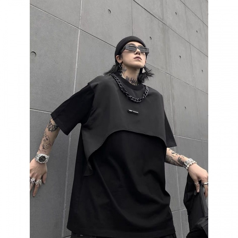 Áo Thun Tay Ngắn Phối Dây Xích Giả Hai Lớp Màu Đen Thời Trang Mùa Hè Dành Cho Nam Và Nữ