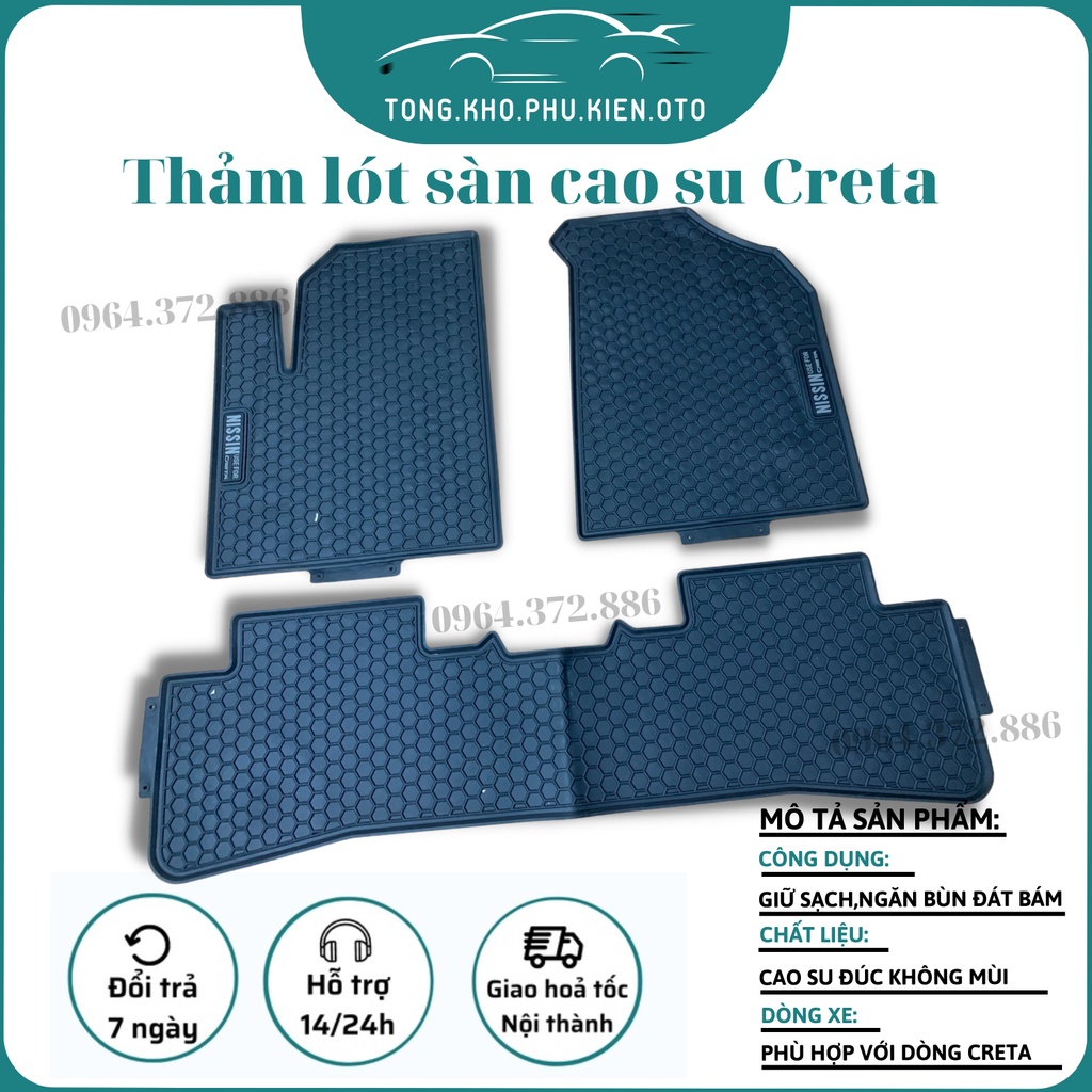 Thảm lót sàn xe Hyundai Creta 2022, 2023,2024 cao su đúc, vân tổ ong, không mùi, mẫu NISSIN chữ trắng