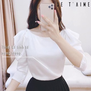 Áo kiểu trắng tay bồng, Chân váy xếp ly Je T'aime Chất Liệu Lụa cao cấp