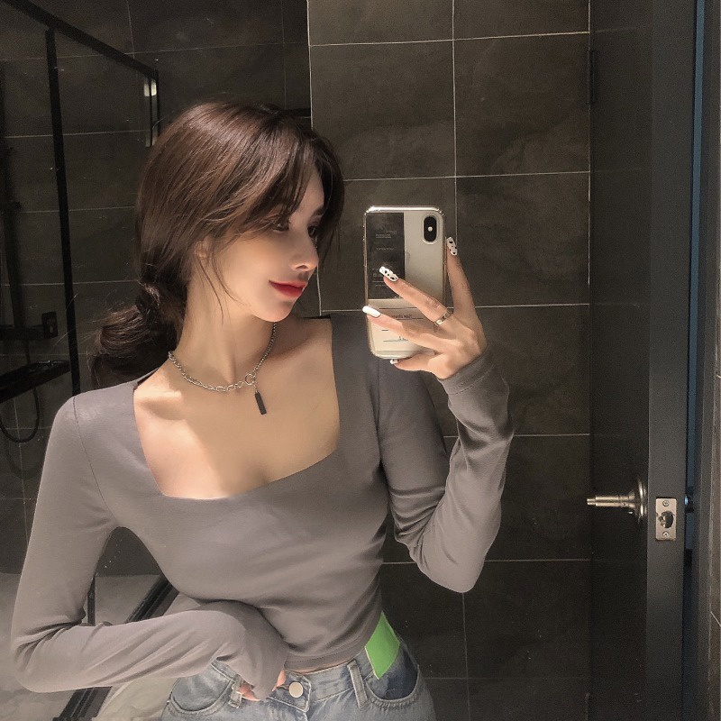 Áo thun COZOK tay dài cổ vuông dáng ôm thời trang quyến rũ cho nữ