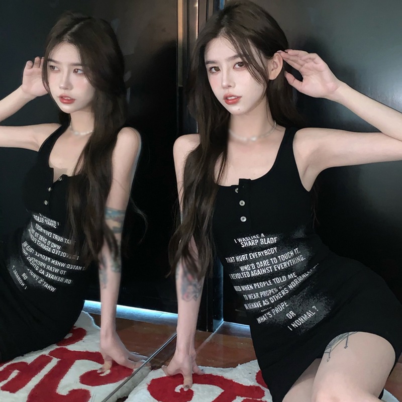 Đầm Sát Nách Cổ Tròn Hoạ Tiết Chữ In Phong Cách Hàn Quốc