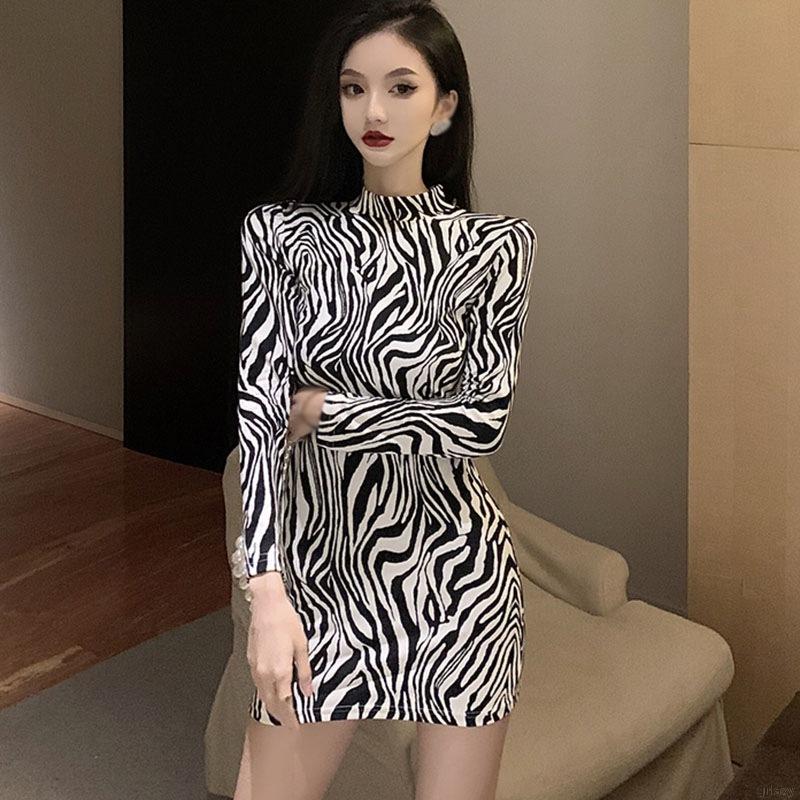 Đầm tay dài cổ lọ họa tiết ngựa vằn gợi cảm cho nữ