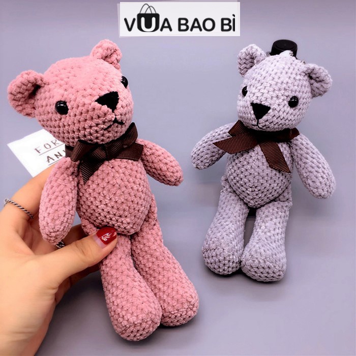 Gấu bông Teddy đan len, gấu teddy bông 18cm quà tặng nhồi bông, phụ kiện trang trí (Hồng/Xám)