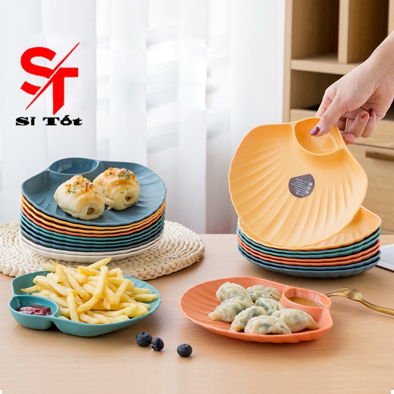 Đĩa nhựa decor đựng đồ ăn hình vỏ sò có kèm ngăn đựng gia vị sét 4 cái