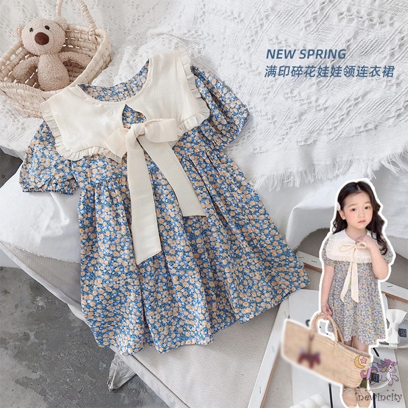 Đầm Tay Ngắn Thắt Nơ In Hoa Phong Cách Hàn Quốc Thời Trang Mùa Hè Cho Bé Gái