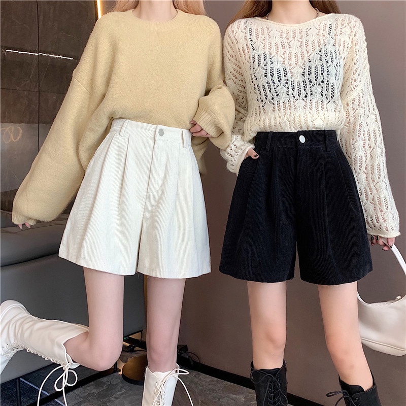 Xiaozhainv Quần ngắn vải nhung lưng cao dáng rộng thời trang dành cho nữ với 3 màu tùy chọn