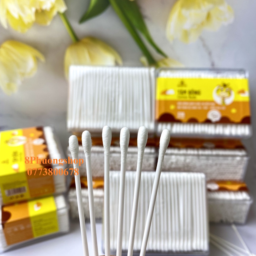 Tăm Bông 336 Que HỘP CHỮ NHẬT Bông Bạch Tuyết Cotton Buds vệ sinh cho bé và người lớn