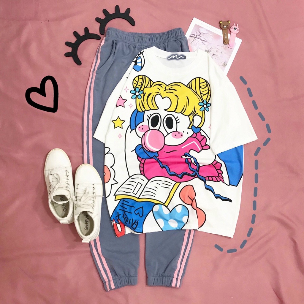 Bộ dài hoạt hình unisex quần jogger bo chun hai sọc nam nữ đều mặc được