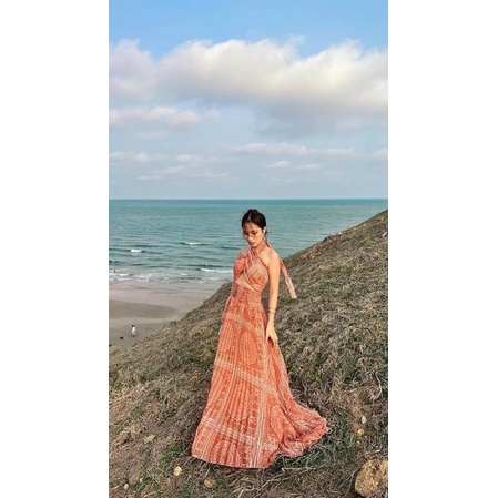 ĐẦM VÁY MAXI HOẠ TIẾT THỔ CẨM BOHO DÁNG DÀI XOÈ TAY PHỒNG CAM