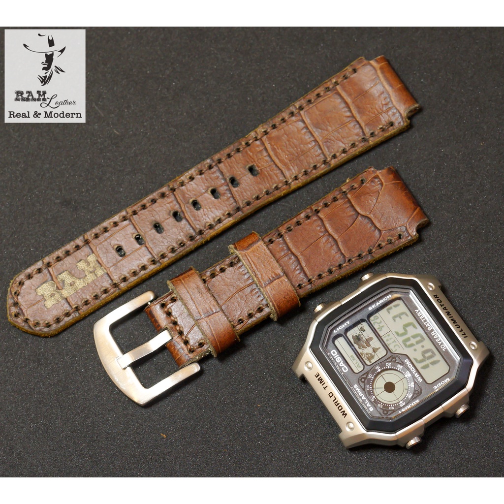 Dây Casio AE 1200 da bò vân cá sấu RAM Leather 1928 - tặng khóa chốt và cây thay dây