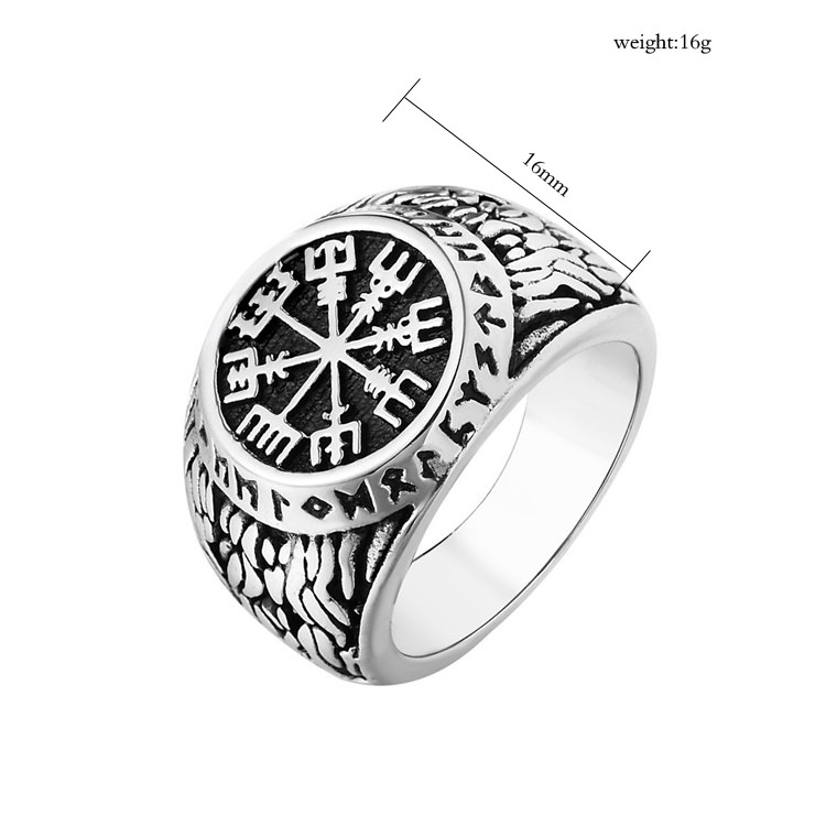 Nhẫn titan mặt tròn biểu tượng Viking la bàn Vegvisir không gỉ MR2208