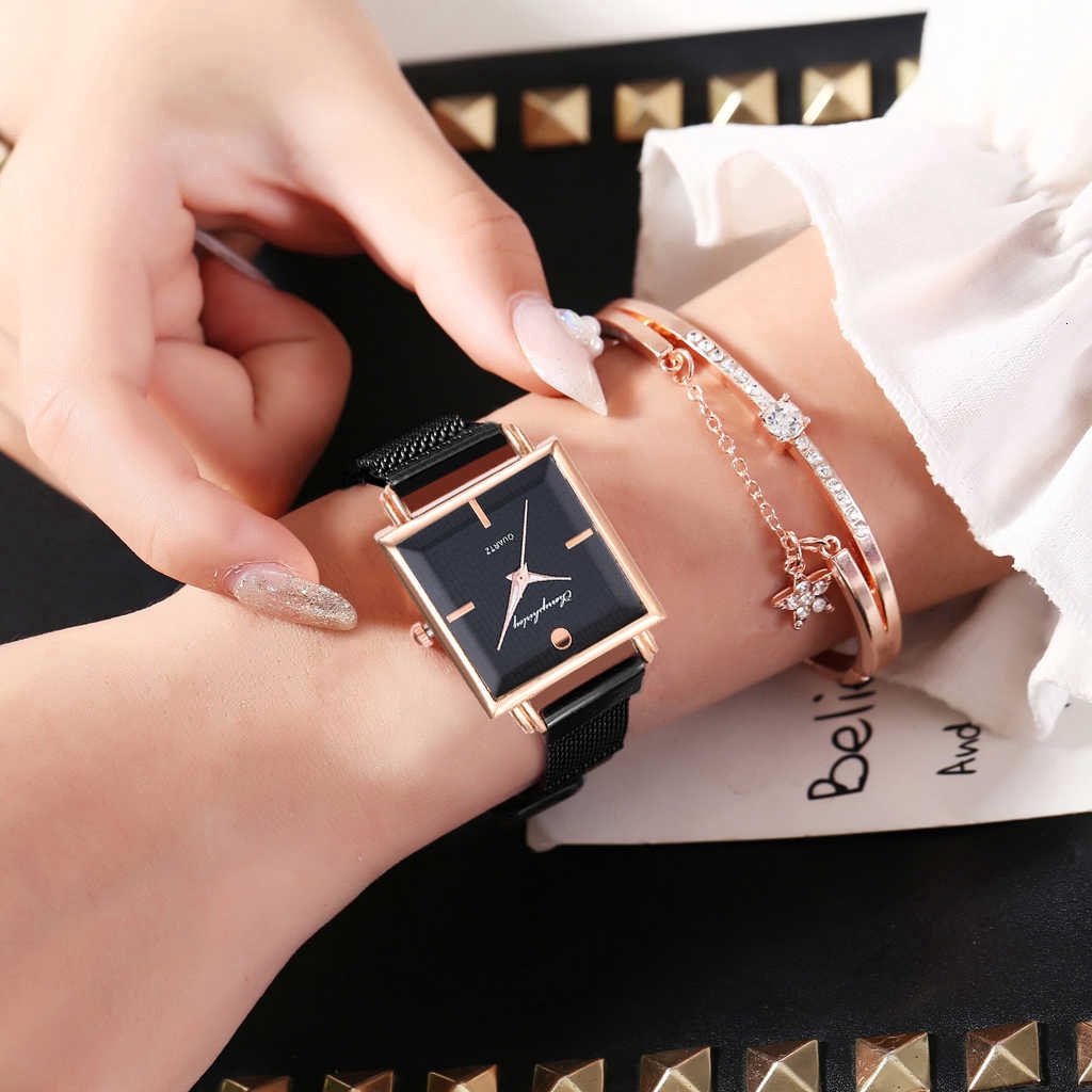 【Watch+Bracelet】Women Magnet Buckle Square Bracelet Watches Set Luxury Ladies Wristwatch