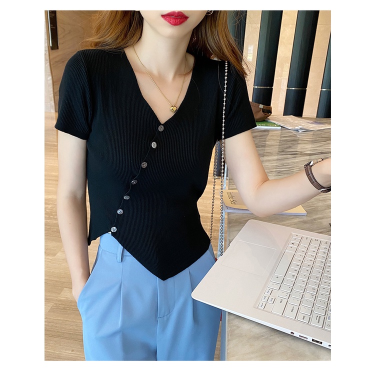 DUNEA Áo Thun Tay Ngắn Cổ Chữ V Thiết Kế Không Đồng Đều Quyến Rũ Thời Trang Cho Nữ