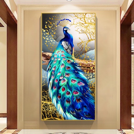 Tranh Treo Tường Hành Lang Chim Công Vàng Phú Quý Cao Cấp Tặng Kèm Đinh