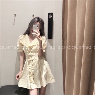 Đầm sơmi cổ bèo tay bồng màu vàng be sáng váy sơmi tôn dáng