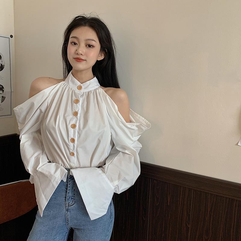 Áo sơ mi trắng dài tay trễ vai thời trang cho nữ
