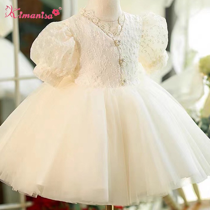 Đầm Công Chúa Dáng Chữ A Tay Ngắn Màu Trắng Trơn Đính Ngọc Trai Nước Ngọt Phối Ren Cho Đám Cưới