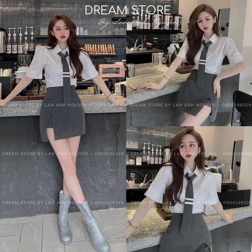 Set đồ áo công sở áo sơ mi cà vạt kèm chân váy xẻ xám kiểu dáng thời trang phong cách công sở Hàn Quốc