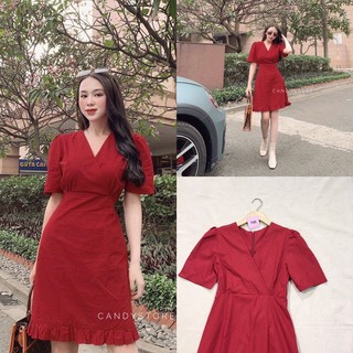 Đầm cổ V tay ngắn cột eo