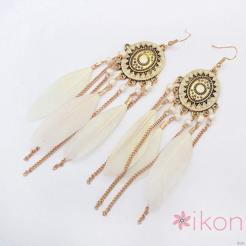 Women Vintage Ethnic Style Fringed Feather Tassel Earrings Bohemian Jewelry