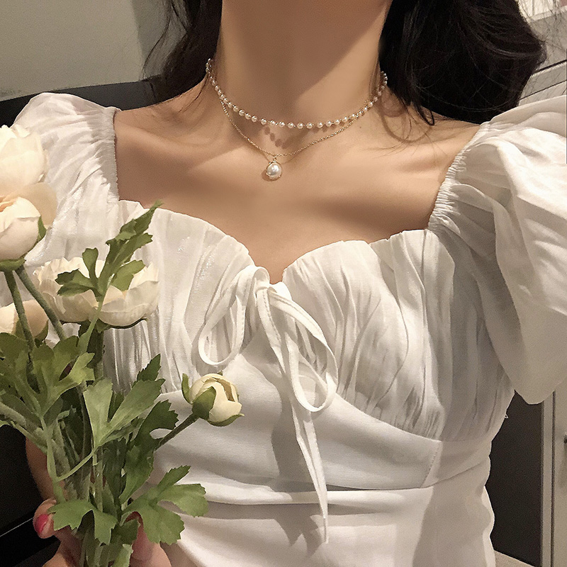 [Women Elegant Korean Retro Pearl Metal Double Layer Pendant Necklace ][Ladies Fashion Contracted Joker Collarbone Chain Double Pearl Necklace][Girls Jewelry Accessoriess Gifts]