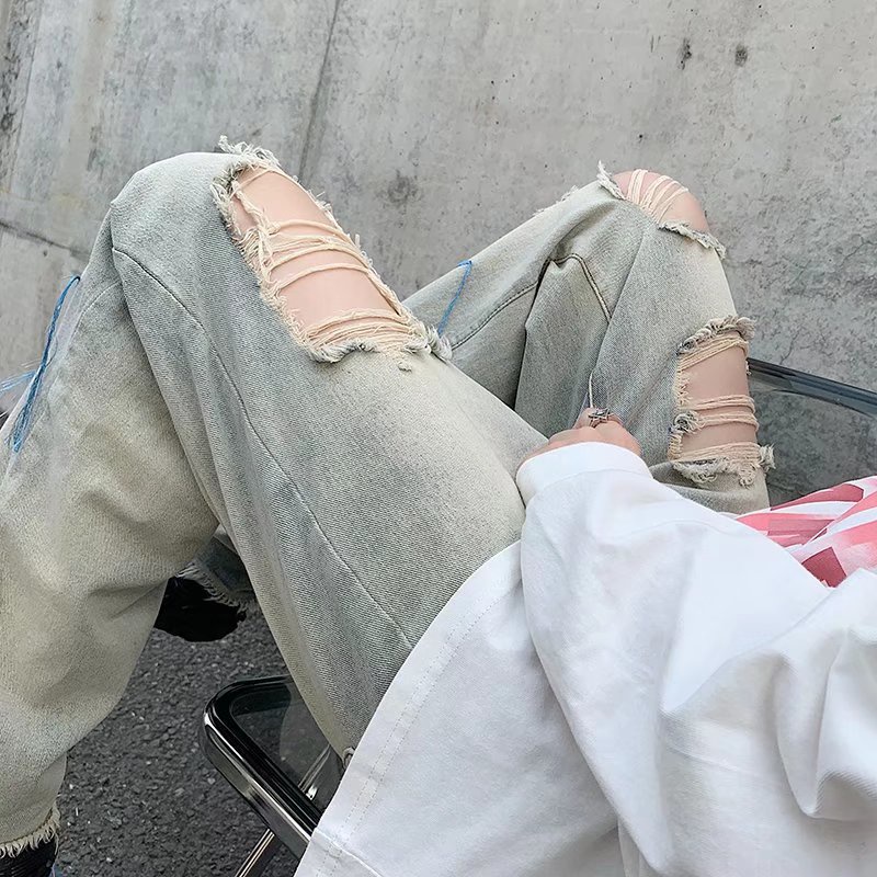Quần Jeans Dài Rách Gối quần ống suông Thời Trang quần jean ống suông Dành quần baggy nữ quần jeans from rộng quần jean nam rách gối phong cách Hàn Quốc quần bò suông