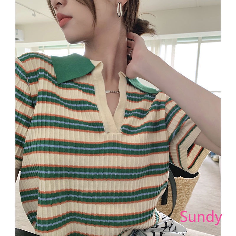 Áo Sơ Mi Dệt Kim Cổ Polo Họa Tiết Kẻ Sọc Thời Trang Mùa Hè Có Size Lớn Cho Nữ