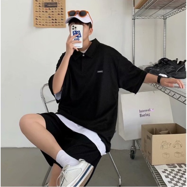 Xu hướng phiên bản Hàn Quốc áo phông nam phù hợp với cổ áo rộng rãi gấp lại cổ áo nam quần short ngắn tay nam áo sơ mi nam polo đồng màu bộ đồ thể thao