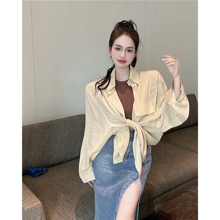 Bộ Áo Hai Dây + Áo Sơ Mi Tay Dài Chống Nắng + Chân Váy Denim Xẻ Tà Lưng Cao Thời Trang Quyến Rũ Cho Nữ