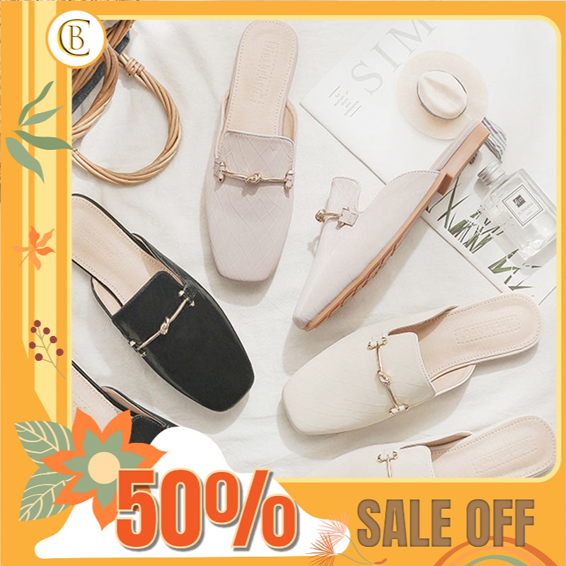 Sục nữ - Giày sục da mềm mũi vuông quai xoắn hai màu Đen và Be