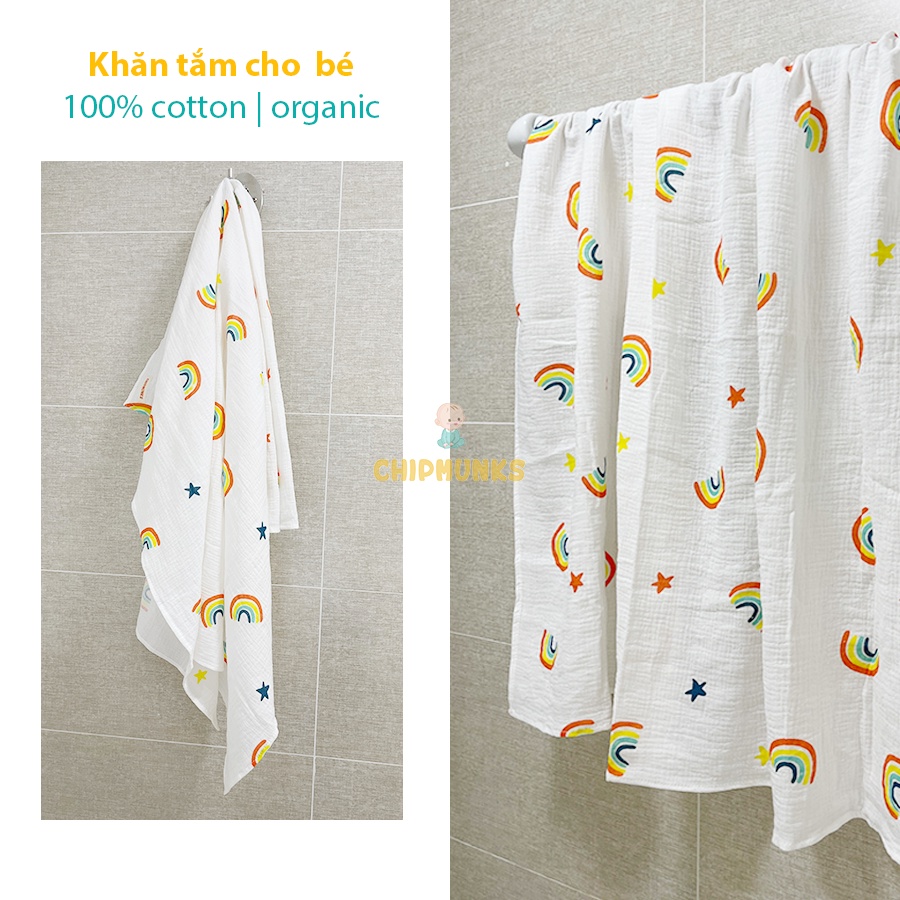 Khăn tắm cao cấp Chipmunks xô muslin organic, không xù, thấm hút nhanh, an toàn cho da bé