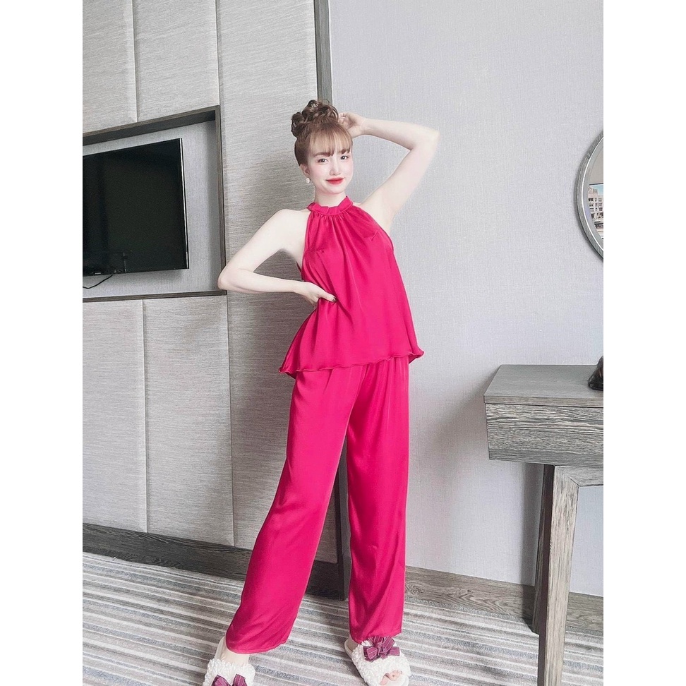 Set bộ lụa tuyết nhung cổ yếm quần suông dài, set mặc đi làm đi chơi chanh sả, xinh xắn