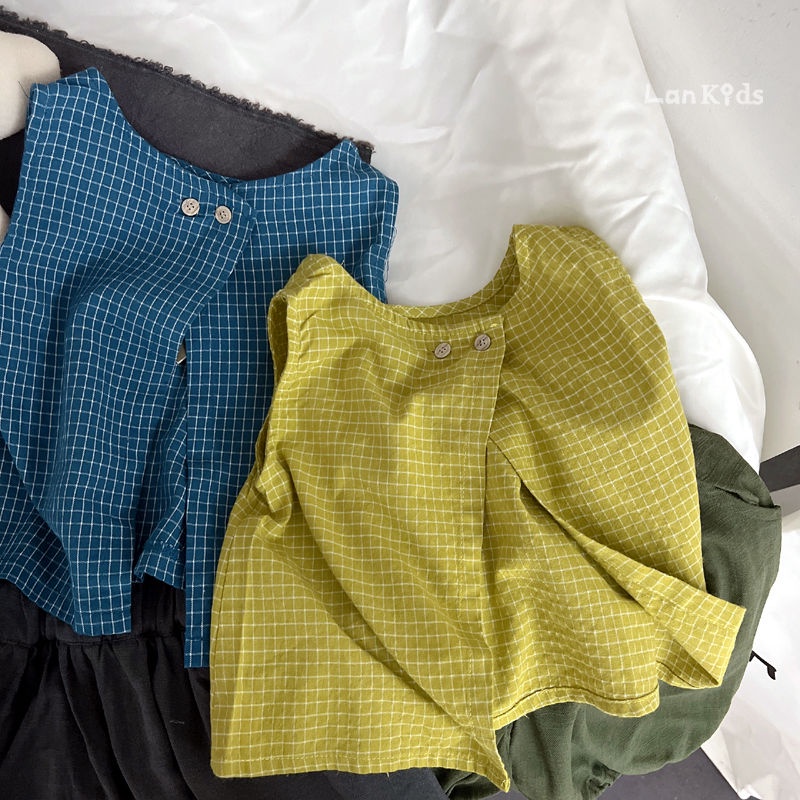 Áo Thun Cotton Lanh Sát Nách Xẻ Tà Kẻ Sọc Caro Thoáng Khí Phong Cách Hàn Quốc Cho Bé Gái 0623