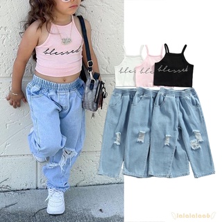 Set đồ 2 món gồm áo tank top in chữ + quần short jean rách có túi dành cho bé sơ sinh LAA6 chất lượng cao